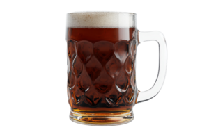 Glass mug filled with dark beer, isolated on transparent background. showcasing rich foam and intricate glass design. png