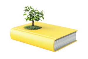 Yellow book with a small tree growing on top, symbolizing knowledge and growth. Conceptual image for education, nature, and sustainability. png