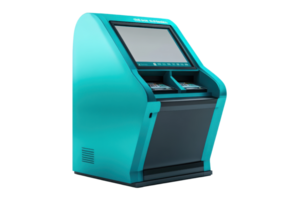 Modern teal self-service kiosk for digital transactions with touchscreen interface, isolated on transparent background. png