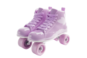 Shiny pink roller skates with four wheels ready for an outdoor activity. Perfect for fun and exercise in style. png