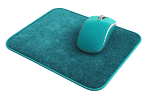 Modern blue wireless computer mouse on matching mouse pad, isolated on transparent background. Perfect for technology and office-related concepts. png