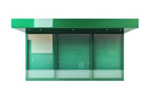 Modern green kiosk with glass panels, suitable for commercial or informational use in an urban environment. Front view, isolated. png