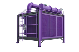 Purple industrial cooling system with pipes and ladders, isolated on transparent background. Advanced machinery for efficient temperature regulation. png