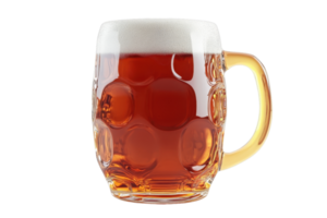 Close-up of a frothy beer in a transparent glass mug with a handle, isolated on transparent background. png