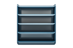 Modern empty blue shelf with four tiers, isolated on transparent background. Clean and sleek design for storage or display purposes. png