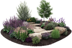 Beautiful garden with vibrant flowers, shrubs, and trees. Featuring a stone path and surrounded by lush greenery. png