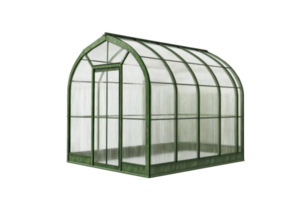 Modern green greenhouse with clear panels, perfect for gardening and plant cultivation, isolated on transparent background. png