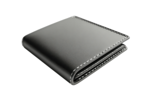 Sleek black leather wallet with white stitching on a transparent background, ideal for finance, accessory, or fashion visuals. png