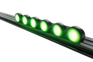 Green LED stage lights in a row, providing bright and focused illumination for events, parties, concerts, and performances. png