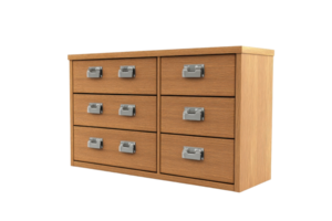 Modern wooden filing cabinet with six drawers and metal handles, perfect for office organization and storage solutions. png