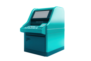 Isolated image of a modern, teal-colored ATM cash machine against a transparent background. featuring a touchscreen and keypad. png