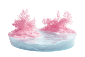 A surreal 3D render of pink trees on an island with a reflective water surface, creating a dreamy and whimsical landscape. png