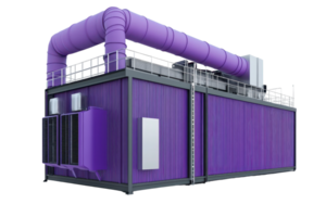 Industrial purple portable container building with large ventilation ducts isolated on transparent background. png