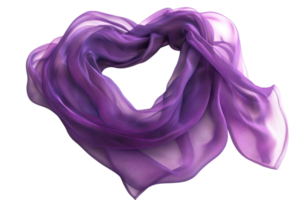 Elegant purple scarf made from sheer fabric, skillfully arranged in a heart shape on a clean transparent background. Perfect for fashion and design concepts. png