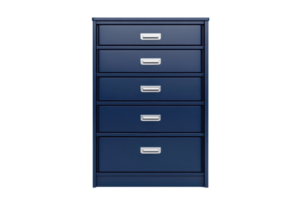 Blue wooden filing cabinet with five drawers and metallic handles. Ideal for office storage and organization. Isolated on a transparent background. png