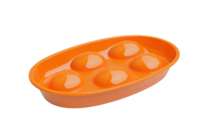 Bright orange plastic tray with five round depressions, perfect for organizing small items or serving snacks. Durable and easy to clean. png