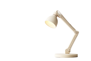 Minimalistic white desk lamp illuminated in a transparent background. perfect for modern interior decor or office settings. png