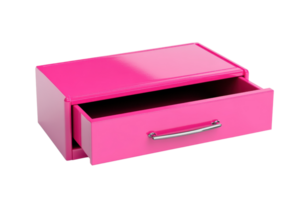 Bright pink single drawer box with silver handle, partially open, isolated on transparent background. Perfect for office or home storage solutions. png