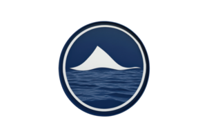 Circular logo featuring a white mountain peak against a blue background with waves. Perfect for branding and design projects. png