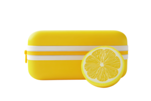 Bright yellow lunchbox with a lemon slice, isolated on transparent background. Vibrant and fresh design perfect for healthy meal storage. png