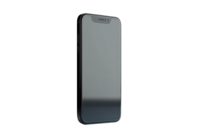 Sleek black smartphone with a reflective screen, isolated on a transparent background. Perfect for technology and electronics-focused content. png
