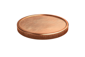 Close-up image of a blank copper coin, showcasing its smooth texture and metallic sheen against a transparent background. png