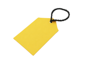 Close-up of a blank yellow luggage tag with a black loop, isolated on a transparent background. perfect for travel or organizational themes. png
