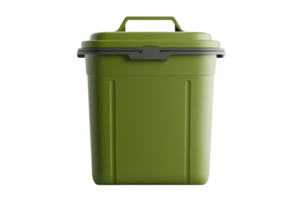 Green plastic waste bin with lid, isolated on transparent background. High-quality image suitable for waste management and recycling concepts. png