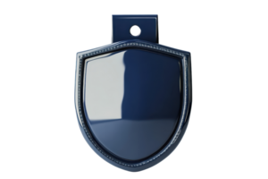 High-quality stock photo of a blank navy blue shield emblem with a reflective surface on a transparent background. ideal for security or award concepts. png