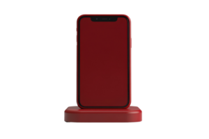 Red smartphone on a matching stand isolated on transparent background. Modern mobile device display screen front view. png