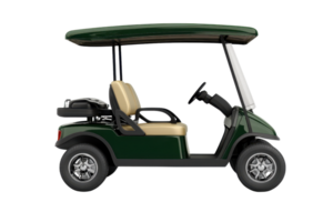 Side view of a green golf cart with beige seats isolated on a transparent background. png