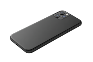 Sleek black smartphone laying on a flat surface, showcasing the modern design and multiple camera lenses, isolated in a transparent background. png