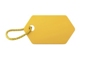 Yellow hexagonal blank price tag with a twisted rope string, isolated on a transparent background. Perfect for labeling, discount tags, and promotions. png