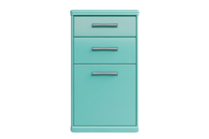 Turquoise cabinet with three drawers, perfect for modern interiors and office organization. Sleek design adds a pop of color and functionality. png