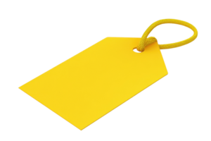 Yellow tag with a hole and loop, perfect for labeling, organizing, or gifting. Isolated on a transparent background. png