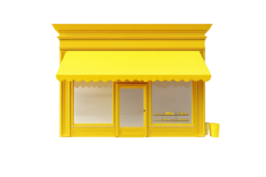 Yellow storefront with awning, front view of a small, bright shop or cafe. Isolated on transparent background. png