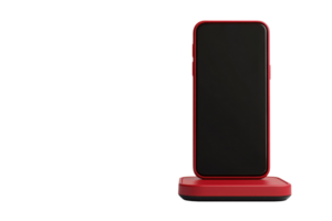 Red smartphone standing upright on a matching red stand, isolated against a transparent background. png