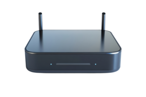 Modern black wireless router with dual antennas isolated on transparent background. showcasing a sleek and contemporary design for internet connectivity. png