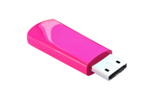 Pink USB flash drive isolated on transparent background. Portable data storage device for backup and transfer of documents and media files. png
