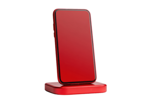 Modern red smartphone on a wireless charging stand, isolated on transparent background. Ideal for tech, gadget, and electronics themes. png