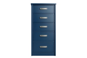Blue five-drawer file cabinet isolated on transparent background. modern storage solution for office organization. png