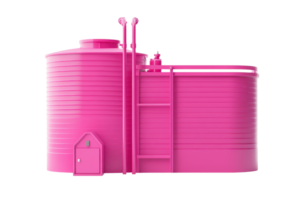 Bright pink industrial water storage tank with ladders and pipes isolated on transparent background. Modern utility structure for large-scale use. png