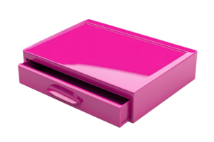 Bright pink plastic open drawer isolated on transparent background. vibrant color, storage organizer, minimalist design, household item. png