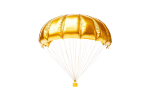 Golden parachute isolated on a transparent background. symbolizing wealth, luxury, and safety in business and financial contexts. png