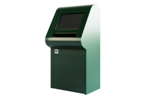 Green self-service kiosk isolated on a transparent background. Touchscreen terminal for information, payments, or check-in. png