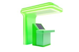 Modern green self-service kiosk isolated on transparent background. sleek design and illuminated structure for user-friendly interface. png