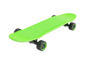 Bright green skateboard with black wheels on a transparent background. perfect for sports and outdoor activities enthusiasts. png