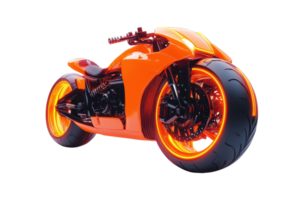 Futuristic orange motorcycle with glowing wheels, showcasing sleek design and advanced technology on a transparent background. png