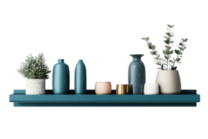 Minimalist shelf with modern vases, plants, and decor items. Perfect for contemporary home and office settings. Clean and stylish design. png