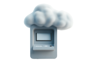 Creative illustration of a cloud-shaped ATM, symbolizing cloud computing and financial technology integration. Isolated on white. png